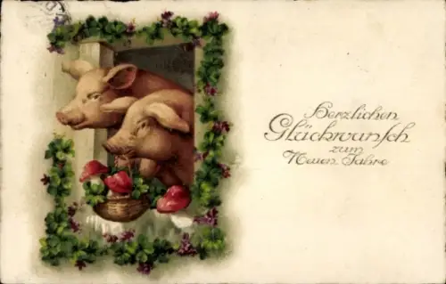 Ak Glückwunsch Neujahr, Schweine, Korb, Pilze, Glücksklee