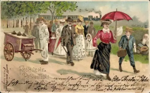 Präge Ak Glückwunsch Pfingsten, Spaziergänger