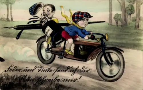 Ak Kinder fahren Motorrad, Füller, Tintenfass