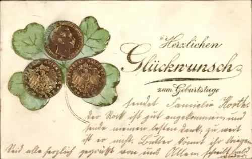 Präge Ak Glückwunsch Geburtstag, Glücksklee, Münzen, Geld