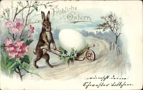 Litho Glückwunsch Ostern, Osterhase mit Schubkarre, Osterei