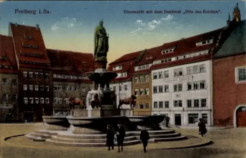 Ak Freiberg in Sachsen,  Obermarkt, Denkmal Otto des Reichen, Brunnen, Gebäude