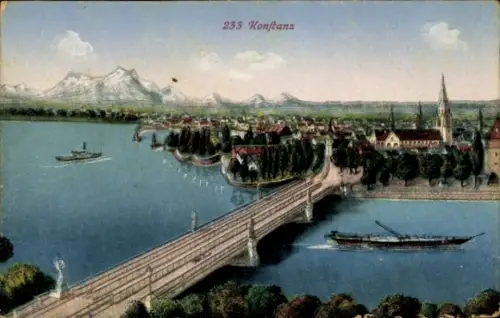 Ak Konstanz am Bodensee, Stadtansicht von  Berge im Hintergrund, Schiffe auf dem Wasser