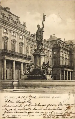 Ak Würzburg am Main Unterfranken,  Frankonia-Brunnen, Statue, 1904