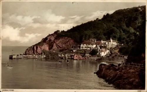 Ak Babbacombe Torquay Devon England,  Küstenlandschaft, Boote, Felsen, Häuser
