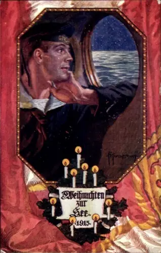 Künstler Ak Kuderna, Weihnachten zur See 1915, k.u.k. Matrose, Österreichischer Flottenverein