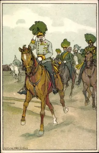 Künstler Ak Kaiser Franz Joseph zu Pferde, Portrait