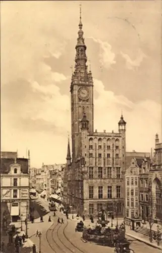 Ak Gdańsk Danzig, Stadtansicht mit Uhrturm, Straßenansicht,  