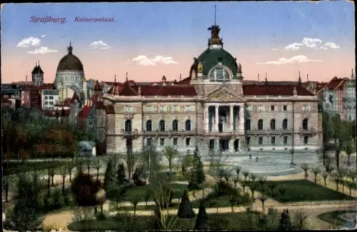 Ak Strasbourg Straßburg Elsass Bas Rhin,  Kaiserpalast, Garten, Bäume, Himmel,  Architektur