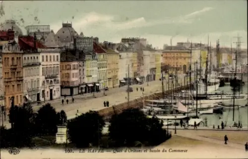 Ak Le Havre Seine Maritime, Farbenfrohe Hafenansicht, Boote, Gebäude, Quai d'Orléans, Le Havre