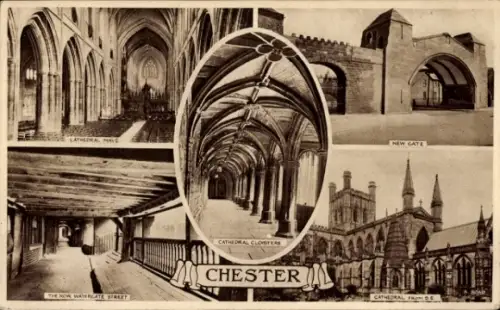Ak Chester Cheshire England, Kathedrale, Kreuzgang, Neue Pforte, The Row, Watergate Street
