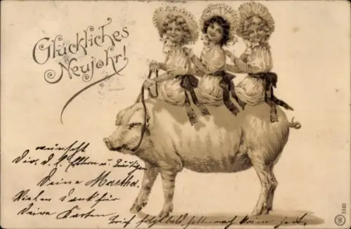 Litho Glückwunsch Neujahr, Drei Mädchen, Schwein