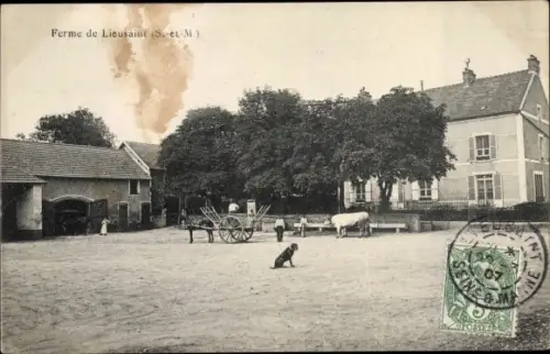 Ak Lieusaint Seine et Marne, Ferme, Fuhrwerk, Hund, Kuh