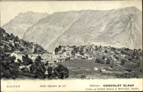 Ak Salvan Kt. Wallis Schweiz, Chocolat Klaus, Blick auf den Ort, Gebirge