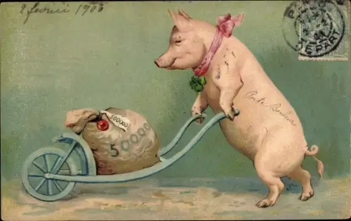Präge Litho Glücksschwein mit Geldsack auf einem Handkarren
