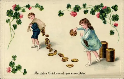 Präge Ak Glückwunsch Neujahr, Kinder, Glücksklee, Goldene Münzen, Geld