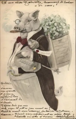 Ak Vermenschlichtes Schwein mit Zigarre, Kleeblätter, Geldsack