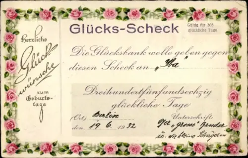 Ak Glückwunsch Geburtstag, Glücks-Scheck, Rosen