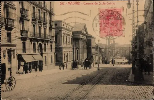 Ak Madrid Spanien, Carrera de S. Jeronimo, Straße, Kutsche