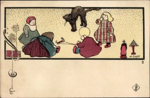 Künstler Ak Kinder mit Spielzeugen, Katze