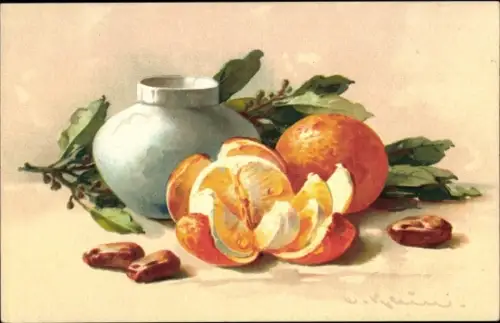 Künstler Ak Klein, Catharina, Stillleben mit Krug, Mandarine, Datteln, Lorbeerzweig, Novitas