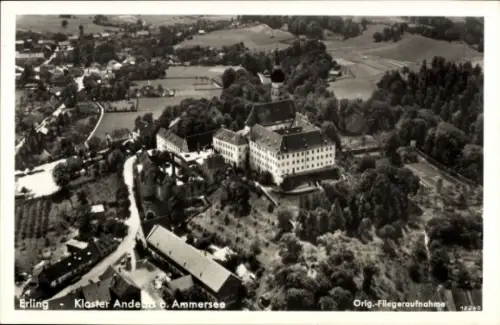 Ak Erling Andechs in Oberbayern, Aerial view Kloster Andechs, Ammersee, black and white photo