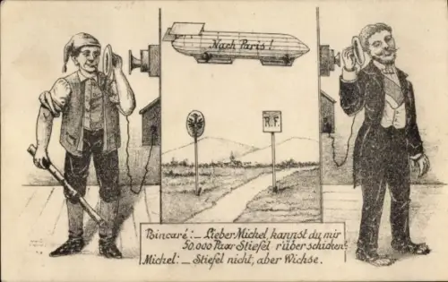 Ak Telefonat zwischen Poincare und Michel, Zeppelin, Humor