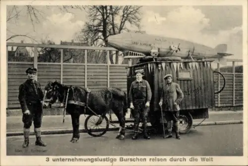 Ak 3 Reisende mit Pferdekarren und Zeppelin Modell, LZ 127