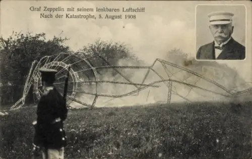 Ak Graf Zeppelin mit seinem lenkbaren Luftschiff, Nach der Katastrophe, 1908
