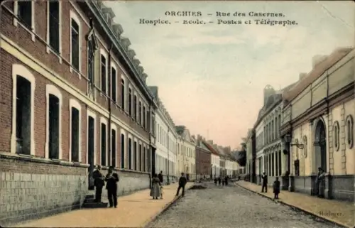 Ak Orchies Nord, Rue des Caserne, Hospiz, Schule, Post- und Telegraphenamt
