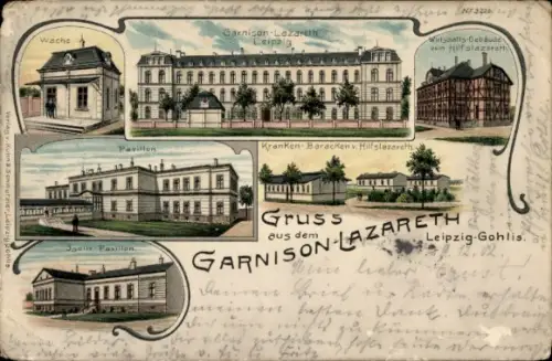 Litho Gohlis Leipzig in Sachsen, Garnison-Lazarett, Wache, Wirtschafts-Gebäude, Baracken