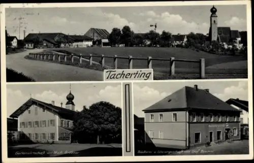 Ak Tacherting in Oberbayern, Gartenwirtschaft Math. Gröbner, Bäckerei und Handlung Stef. Zauner