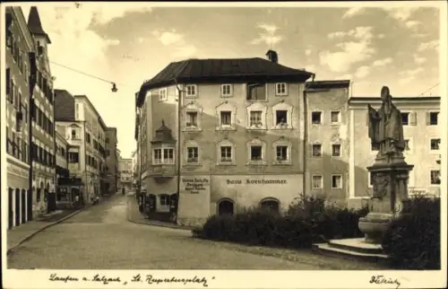 Ak Laufen Salzach im Berchtesgadener Land, St. Rupertusplatz, Geschäft von Hans Kornhammer, Denkmal