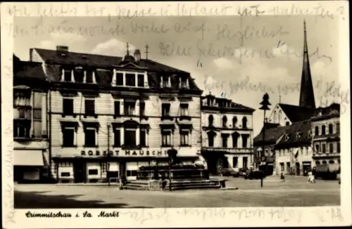 Ak Crimmitschau Sachsen, Markt, Denkmal, Kirche, Geschäft Robert Hausche