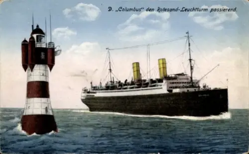 Ak Dampfer Columbus, Norddeutscher Lloyd Bremen, Schnelldampfer, Rotesand-Leuchtturm