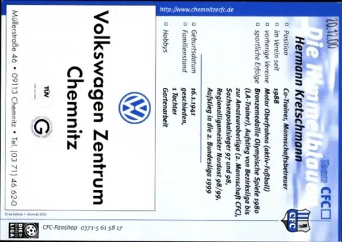 Autogrammkarte Co Trainer Hermann Kretschmann, Chemnitzer FC, Autogramm