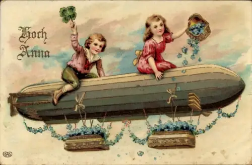 Präge Litho Glückwunsch Neujahr, Kinder auf einem Zeppelin, Kleeblatt, Blumenschmuck, EAS