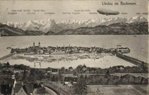 Ak Lindau am Bodensee Schwaben, Zeppelin, Gesamtansicht, Graue Hörner, Altmann, Scesaplana