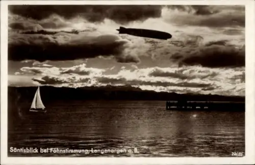 Ak Langenargen am Bodensee, Säntisblick bei Föhnstimmung, Segelboot, Zeppelin