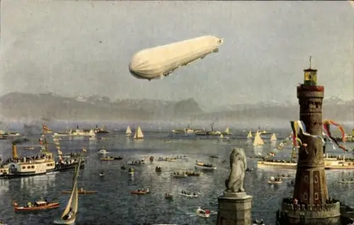 Ak Zeppelin überfliegt den Bodensee, Leuchtturm, Dampfer, Löwe