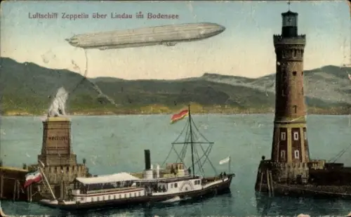 Ak Lindau am Bodensee Schwaben, Luftschiff Zeppelin über Stadt