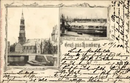 Ak Hamburg Mitte Altstadt, Catharinen Kirche, Pelersen Quai