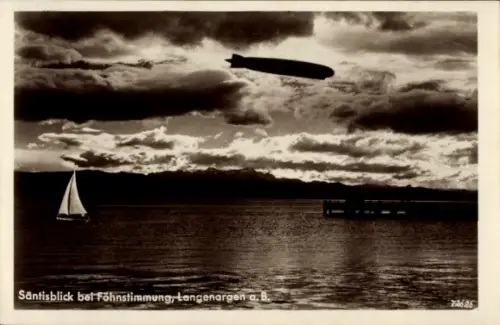 Ak Langenargen am Bodensee, Säntisblick bei Föhnstimmung, Segelboot, Zeppelin