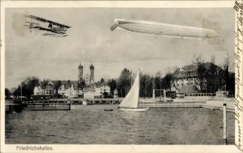 Ak Friedrichshafen am Bodensee, Hafen, Zeppelin Luftschiff, Doppeldecker