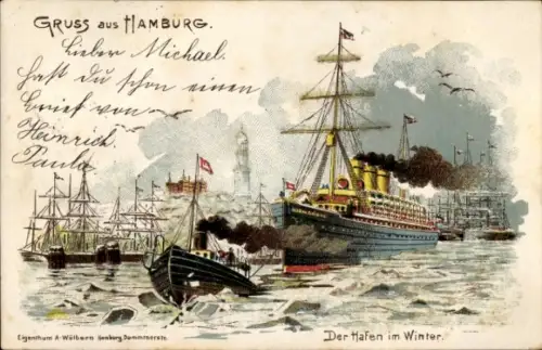 Litho Hamburg, Hafen im Winter, Dampfschiff, Segelschiffe, Schlepper