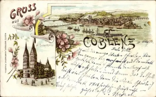 Litho Koblenz am Rhein, Gesamtansicht, St. Kastor Kirche