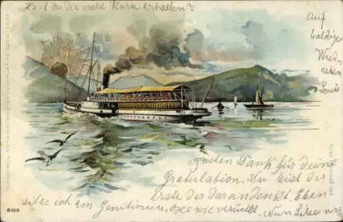 Litho Salondampfer auf dem Genfer See, Sonnenaufgang