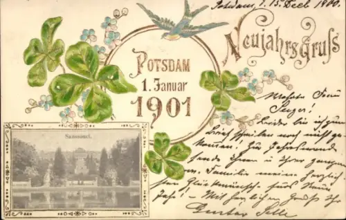Passepartout Ak Potsdam, Sanssouci, Fröhliches Neujahr, Kleeblätter, Schwalbe