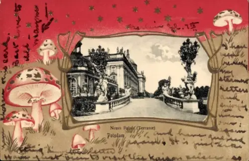Präge Passepartout Ak Potsdam, Neues Palais, Terrasse, Fliegenpilze