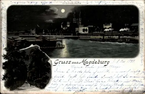 Ak Magdeburg an der Elbe, Wasserturm und Stadtansicht, Gruß aus  Nachtaufnahme